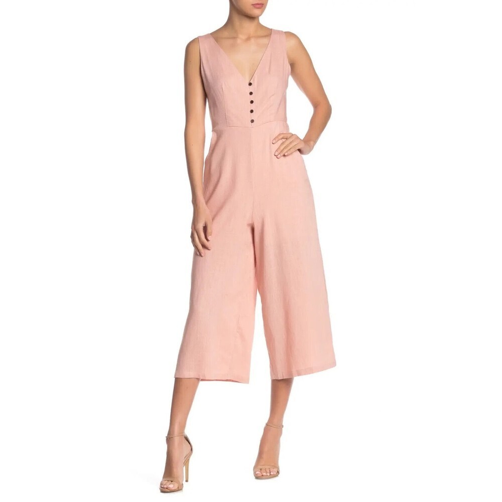 Papillion Pink Sleeveless V Neck Button Front Linen Blend Crop Jumpsuit Size S